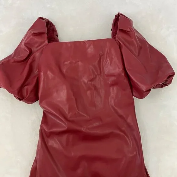 Mare Mare x Anthropologie Red Faux Leather Puff Sleeve Bow Back Dress Medium - Picture 12 of 14